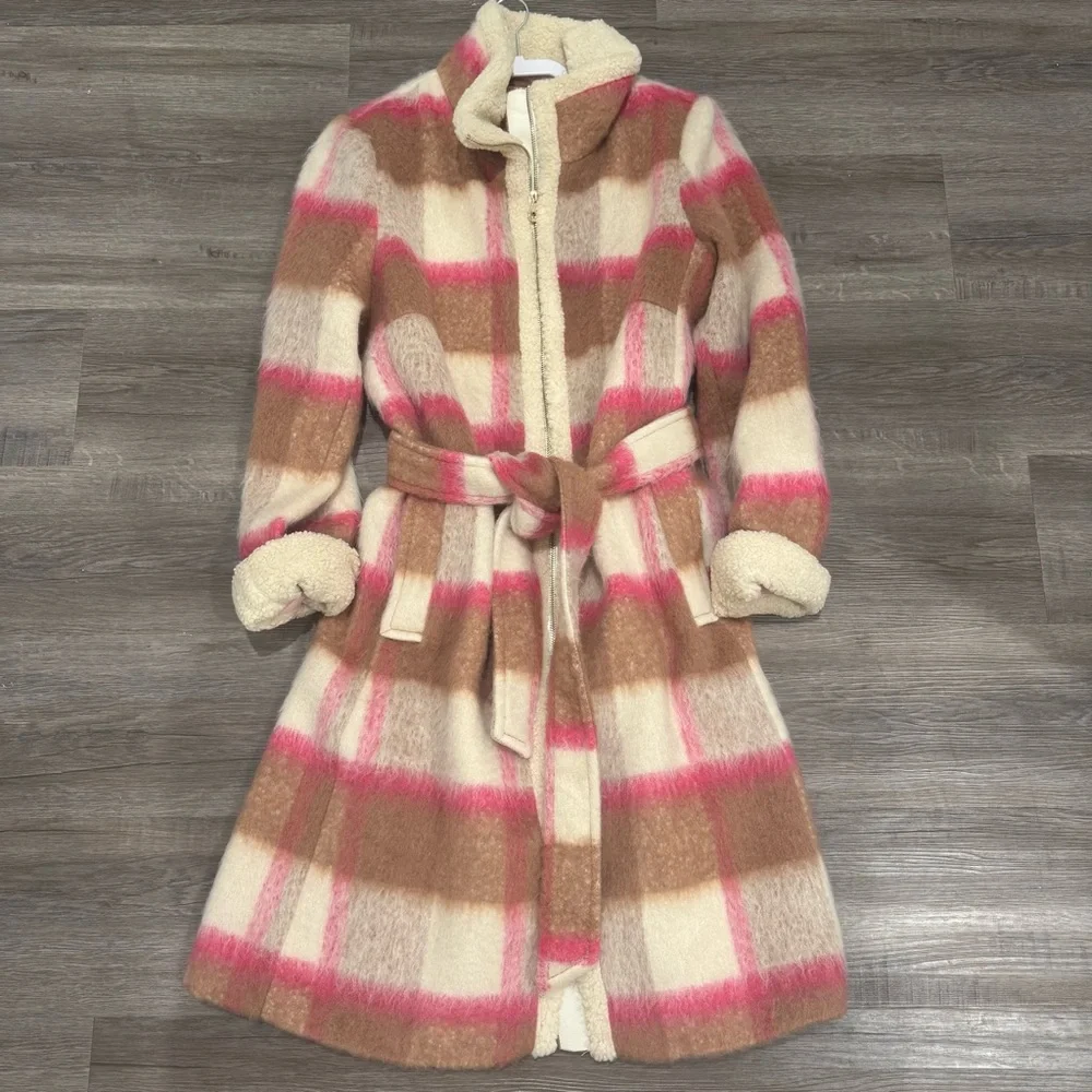 Kate Spade Belted Maxi Wool with Sherpa Detail Buffalo Plaid Coat